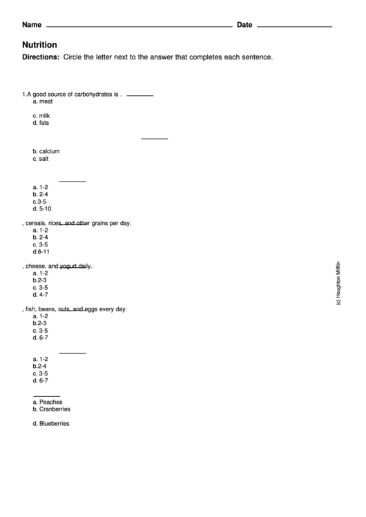 Nutrition Quiz Template Printable pdf