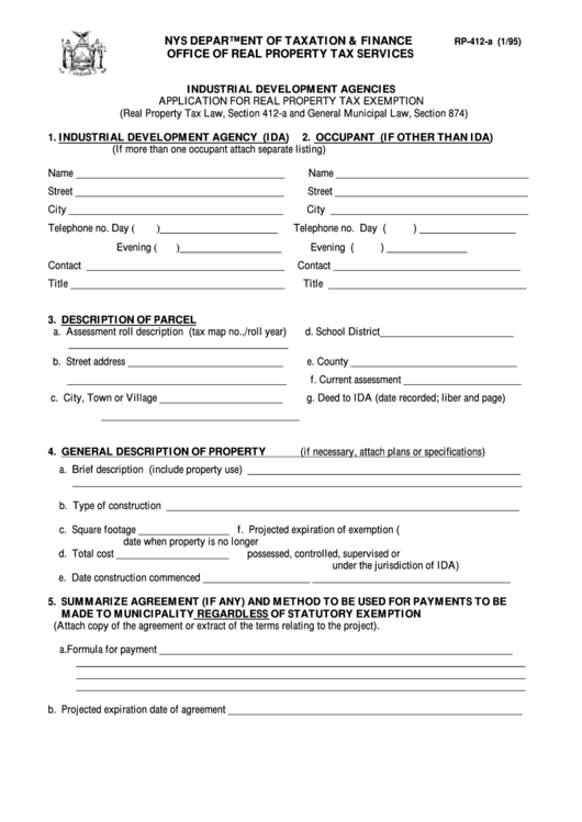 Fillable Form Rp-412-A - Application For Real Property Tax Exemption Printable pdf