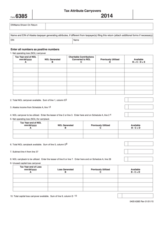 Fillable Form 6385 - Tax Attribute Carryovers - 2014 Printable pdf