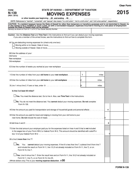 Form N-139 - Moving Expenses - 2015