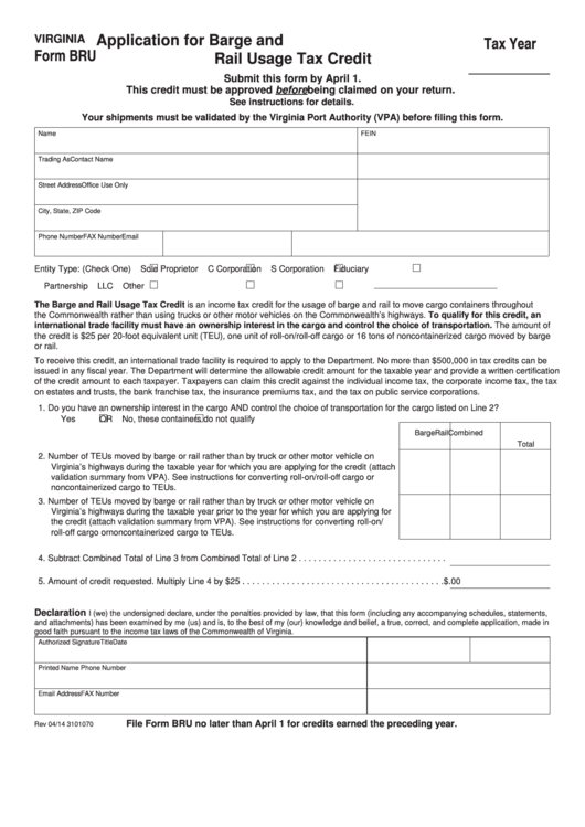 Fillable Form Bru - Application For Barge And Rail Usage Tax Credit Printable pdf