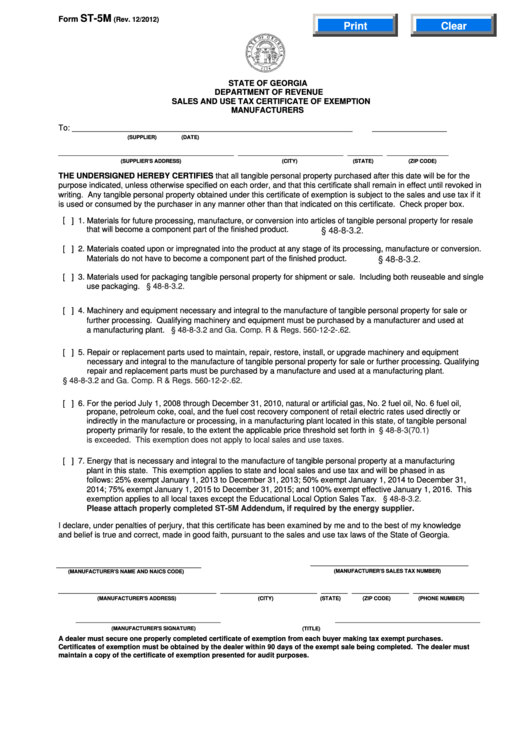 Fillable Form St-5m - State Of Georgia Department Of Revenue Sales And Use Tax Certificate Of Exemption Manufacturers Printable pdf
