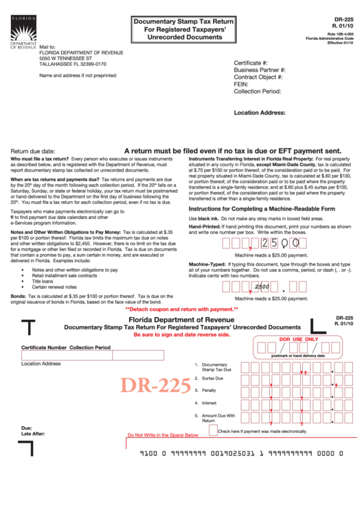 Fillable Form Dr-225 - Documentary Stamp Tax Return For Registered Taxpayers