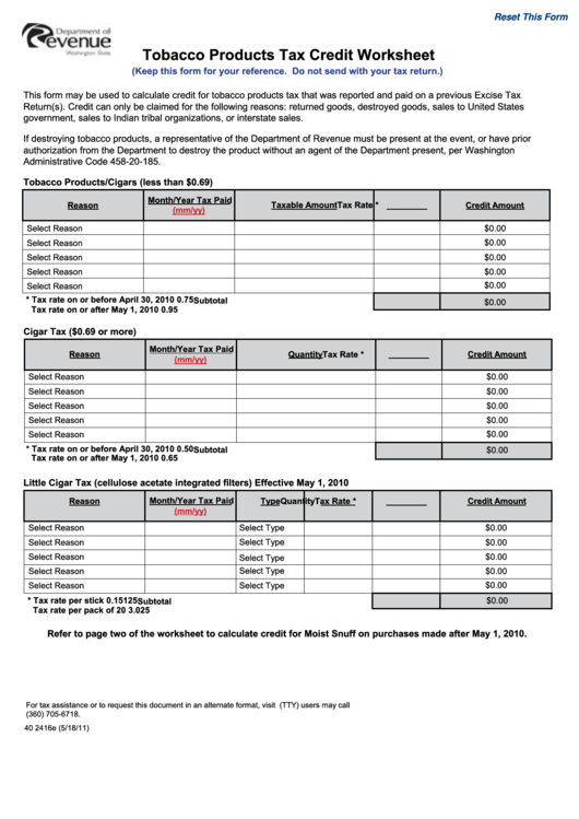 Fillable Form 40 2416e - Tobacco Products Tax Credit Worksheet Printable pdf