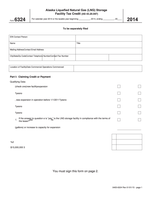 Fillable Form 6324 - Alaska Liquefied Natural Gas (Lng) Storage Facility Tax Credit - 2014 Printable pdf