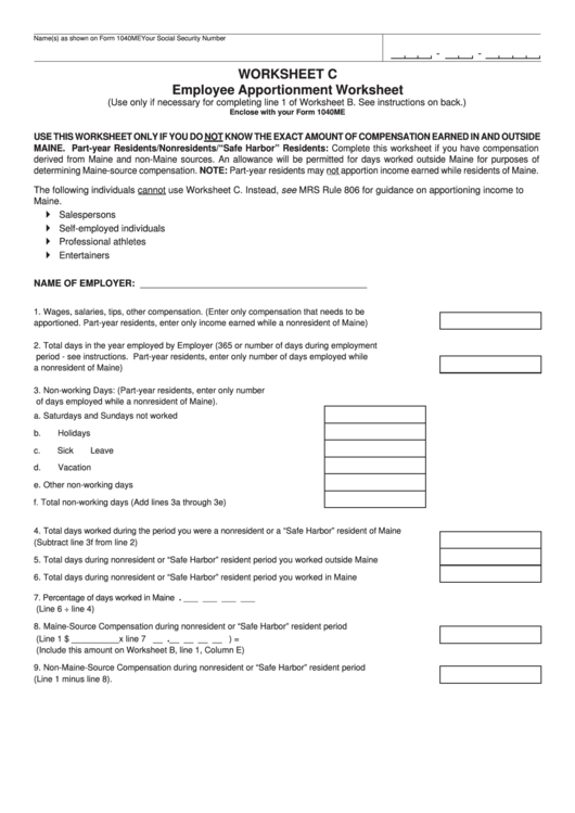 Worksheet C - Employee Apportionment Worksheet Printable pdf