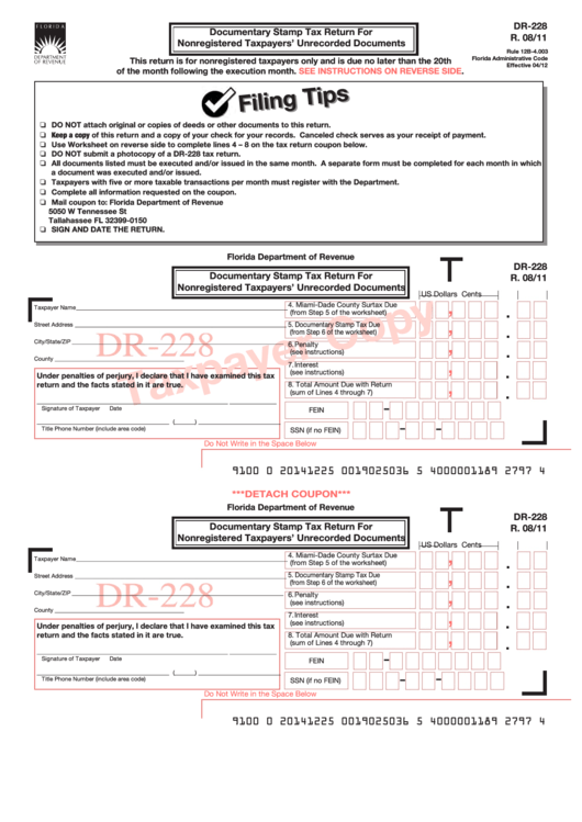 Fillable Form Dr-228 - Documentary Stamp Tax Return For Nonregistered Taxpayers
