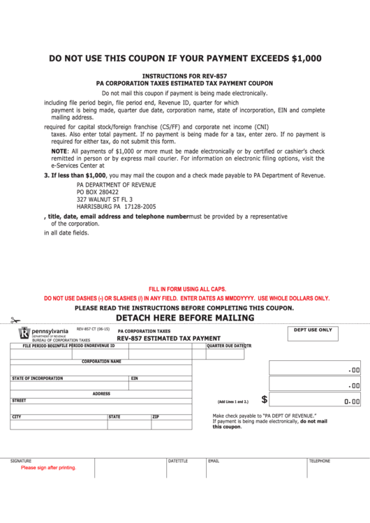 Fillable Form Rev-857 - Pa Corporation Taxes Estimated Tax Payment Coupon Printable pdf