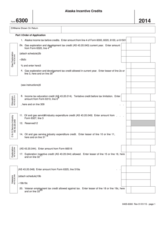 Fillable Form 6300 - Alaska Incentive Credits - 2014 Printable pdf