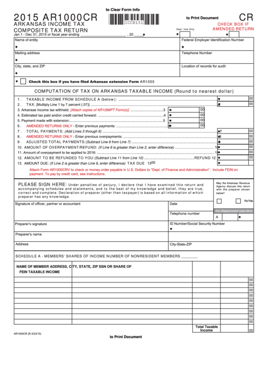 Fillable Form Ar1000cr Arkansas Income Tax Composite Tax Return 2015 Printable Pdf Download 8469