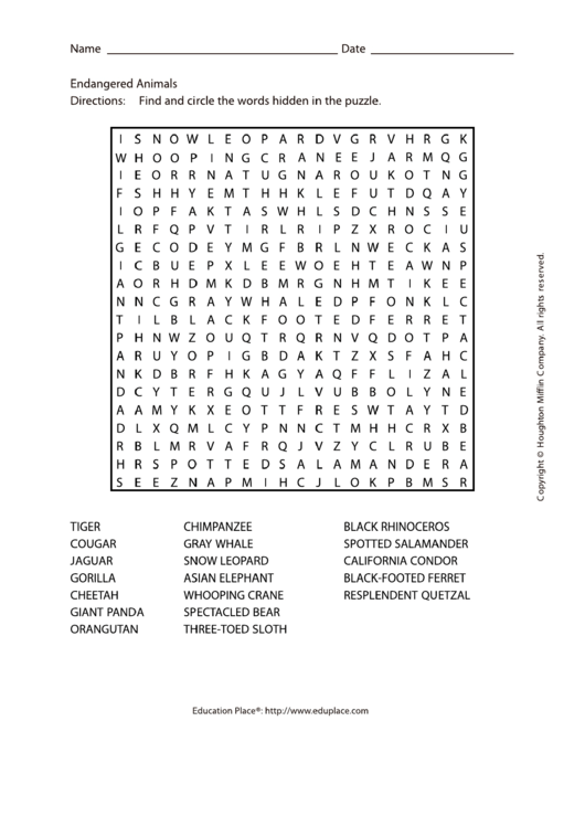 Endangered Animals Word Search Puzzle Template Printable pdf
