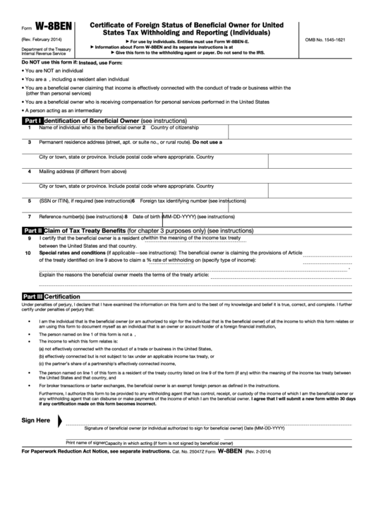 Fillable Form W-8ben - Certificate Of Foreign Status Of Beneficial Owner For United States Tax Withholding And Reporting (Individuals) - 2014 Printable pdf
