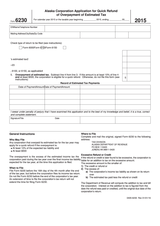 Form 6230 - Alaska Corporation Application For Quick Refund Of Overpayment Of Estimated Tax - 2015 Printable pdf