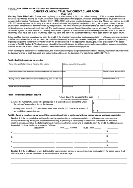 Fillable Form Rpd-41358 - Cancer Clinical Trial Tax Credit Claim Form Printable pdf