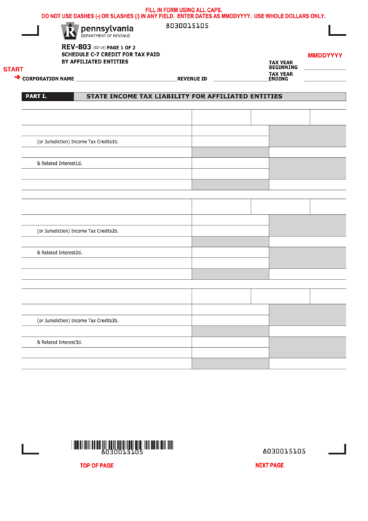 Fillable Form Rev-803 - Schedule C-7 Credit For Tax Paid By Affiliated Entities Printable pdf