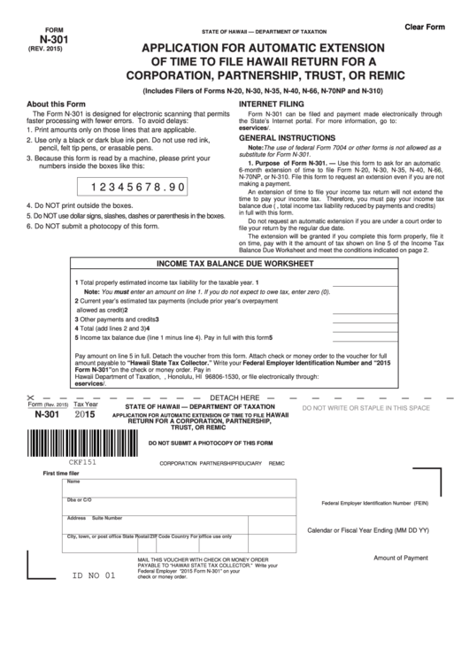Fillable Form N-301 - Application For Automatic Extension Of Time To File Hawaii Return For A Corporation, Partnership, Trust, Or Remic Printable pdf