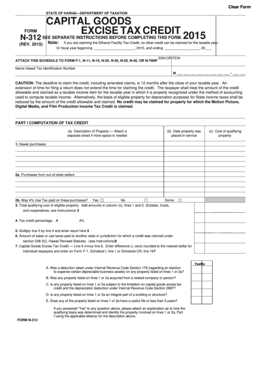 Fillable Form N-312 - Capital Goods Excise Tax Credit - 2015 Printable pdf