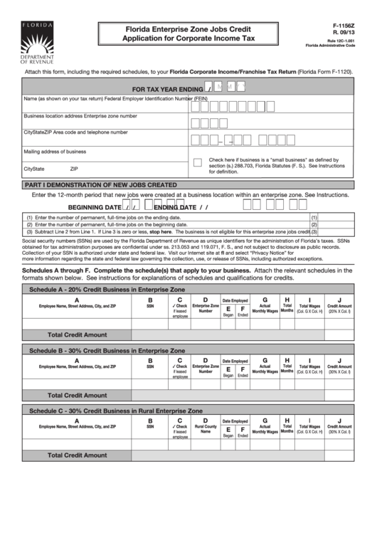 Fillable Form F-1156z - Florida Enterprise Zone Jobs Credit Application For Corporate Income Tax Printable pdf