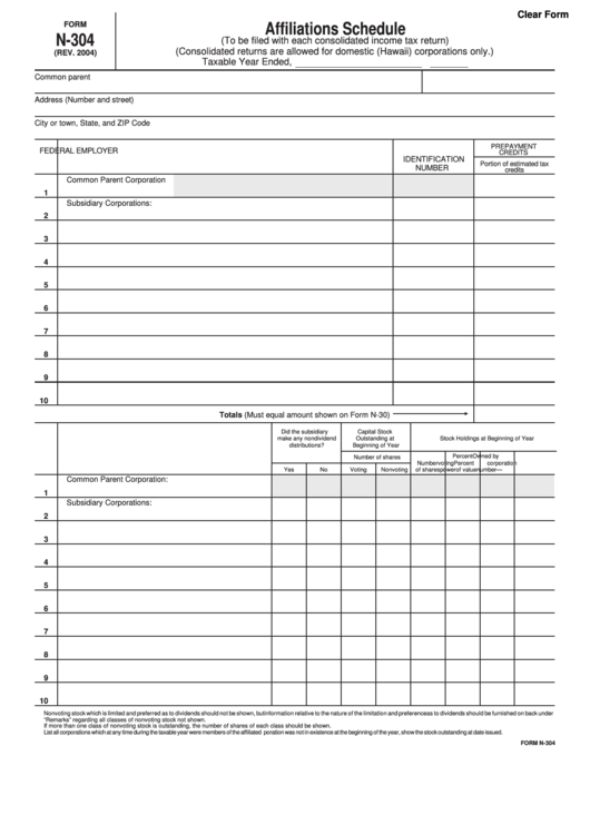 Fillable Form N-304 - Affiliations Schedule Printable pdf