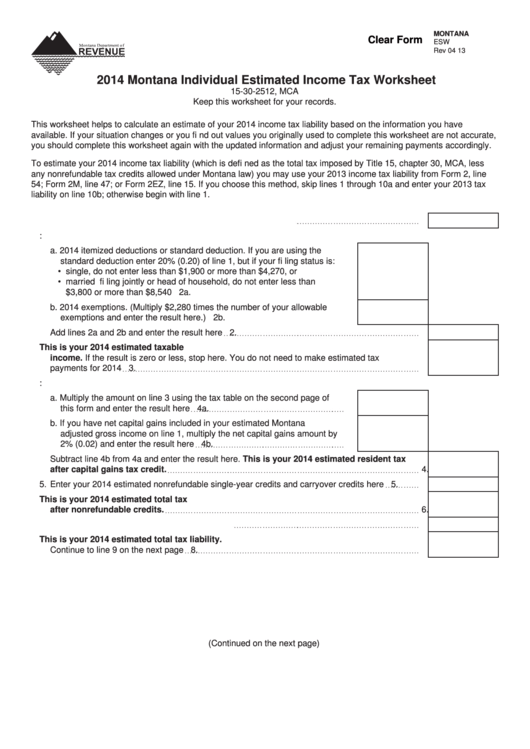 Fillable Form Esw - Montana Individual Estimated Income Tax Worksheet - 2014 Printable pdf
