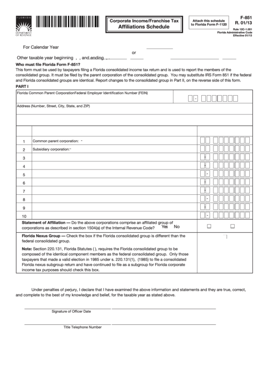 Form F-851 - Corporate Income/franchise Tax Affiliations Schedule Printable pdf