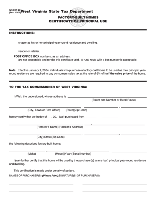 Form Wv/cst-281 - Factory-Built Homes Certificate Of Principal Use Printable pdf