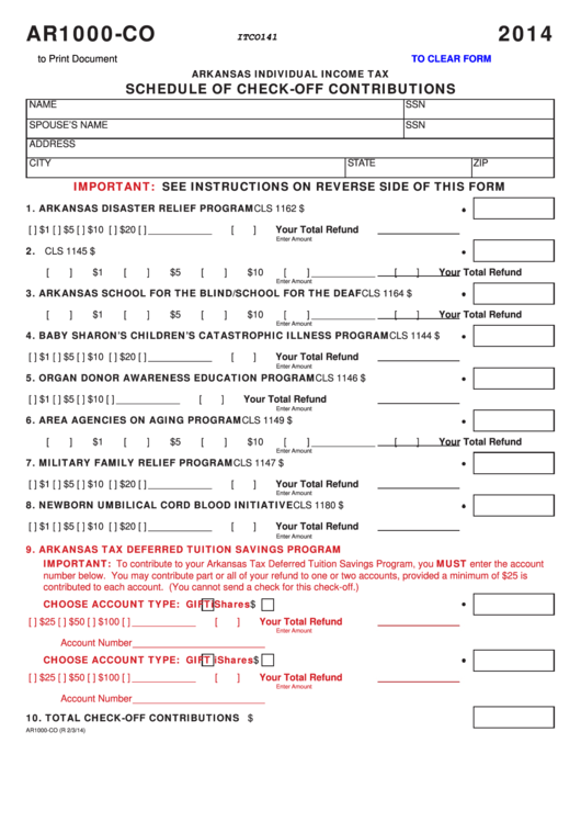 Fillable Form Ar1000-Co - Arkansas Schedule Of Check-Off Contributions - 2014 Printable pdf