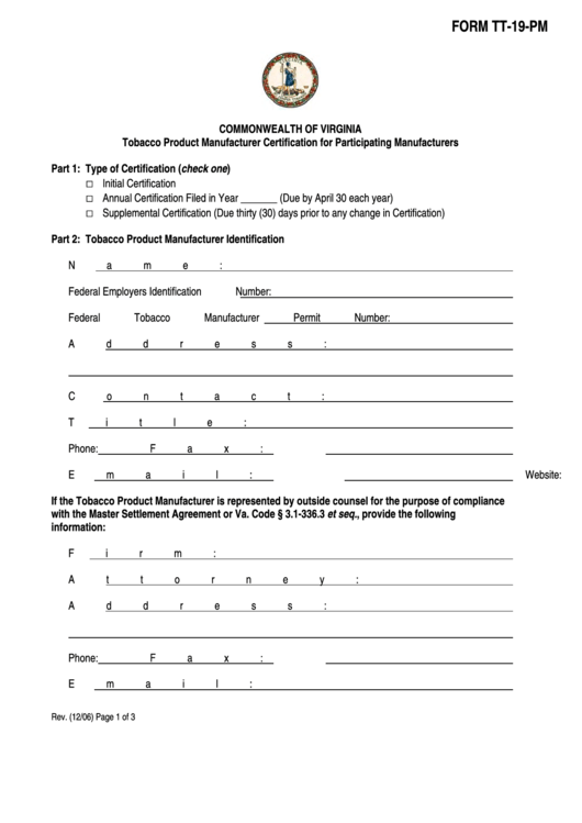 Fillable Form Tt-19-Pm - Tobacco Product Manufacturer Certification For Participating Manufacturers Printable pdf