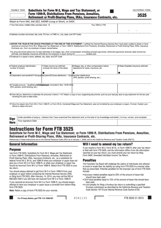 California Form 3525 - Substitute For Form W-2, Wage And Tax Statement, Or Form 1099-R, Distributions From Pensions, Annuities, Retirement Or Profit-Sharing Plans, Iras, Insurance Contracts, Etc. Printable pdf