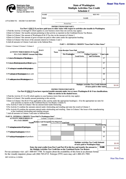 Fillable Form Rev 40 0014e - Multiple Activities Tax Credit Schedule C Printable pdf
