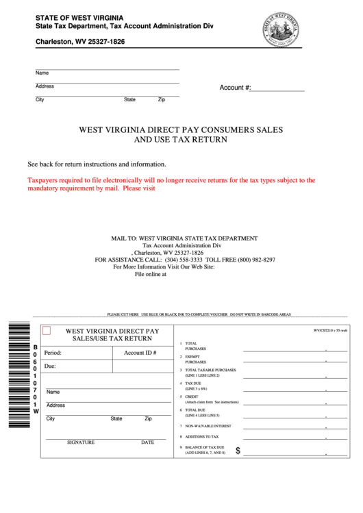 Fillable Form Wv/cst210 - West Virginia Direct Pay Consumers Sales And Use Tax Return Printable pdf
