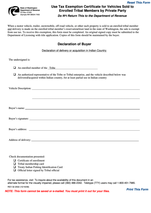 Fillable Form Rev 32 2502 - Use Tax Exemption Certificate For Vehicles Sold To Enrolled Tribal Members By Private Party Printable pdf