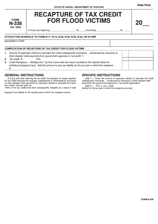 Fillable Form N-338 - Recapture Of Tax Credit For Flood Victims Printable pdf