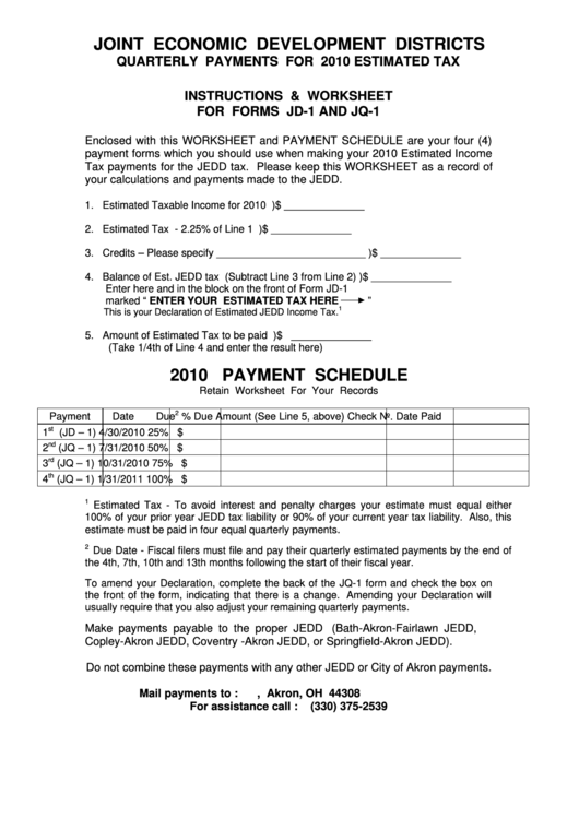 Instructions & Worksheet For Forms Jd-1 And Jq-1 - City Of Akron - State Of Ohio - 2010 Printable pdf
