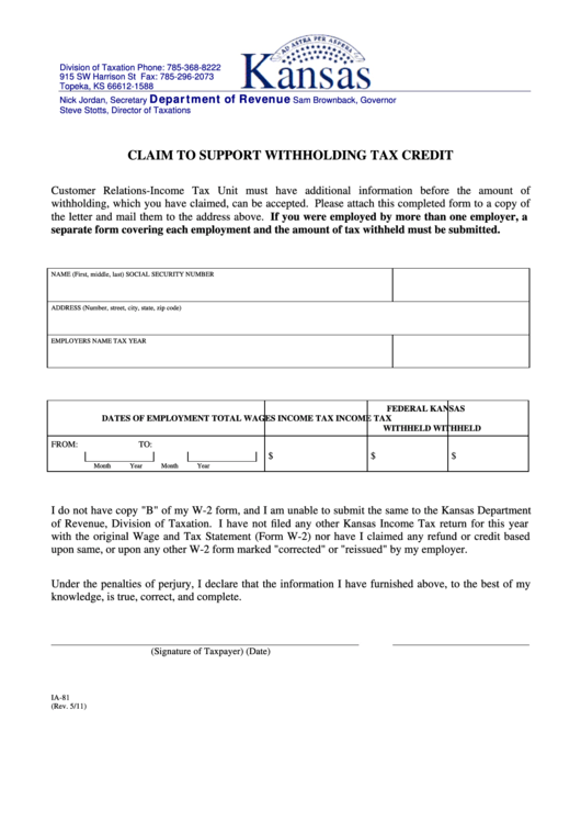 Fillable Form Ia-81 - Claim To Support Withholding Tax Credit Printable pdf