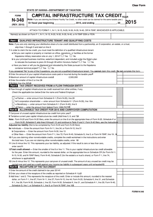 Fillable Form N-348 - Capital Infrastructure Tax Credit - 2015 Printable pdf