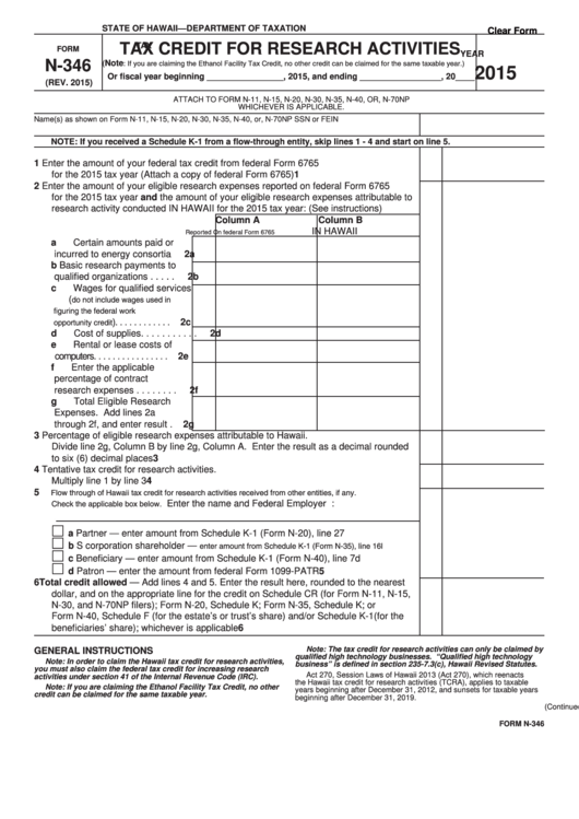 Fillable Form N-346 - Tax Credit For Research Activities - 2015 Printable pdf