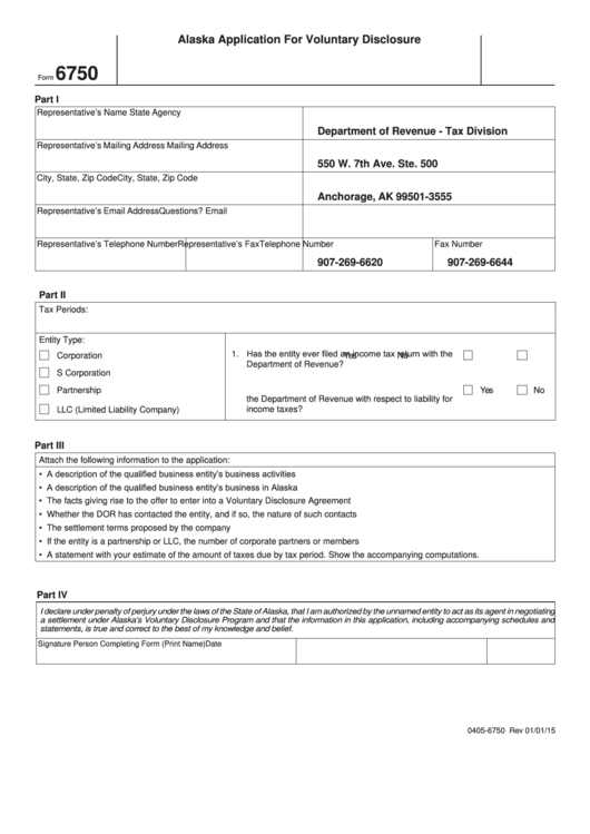 Form 6750 - Alaska Application For Voluntary Disclosure Printable pdf
