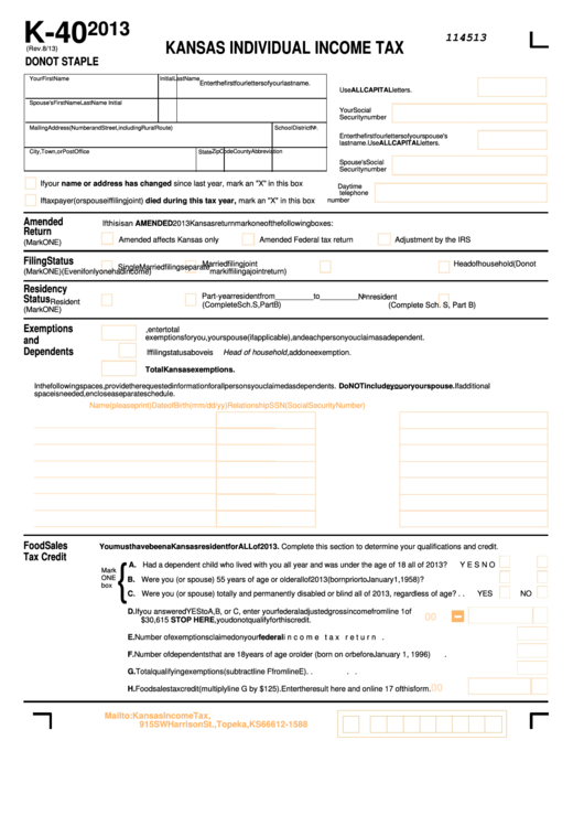 Fillable Form K-40 - Kansas Individual Income Tax - 2013 Printable pdf