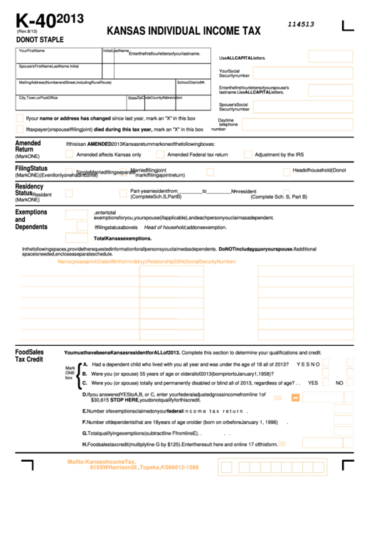 Fillable Form K-40 - Kansas Individual Income Tax - 2013 printable pdf