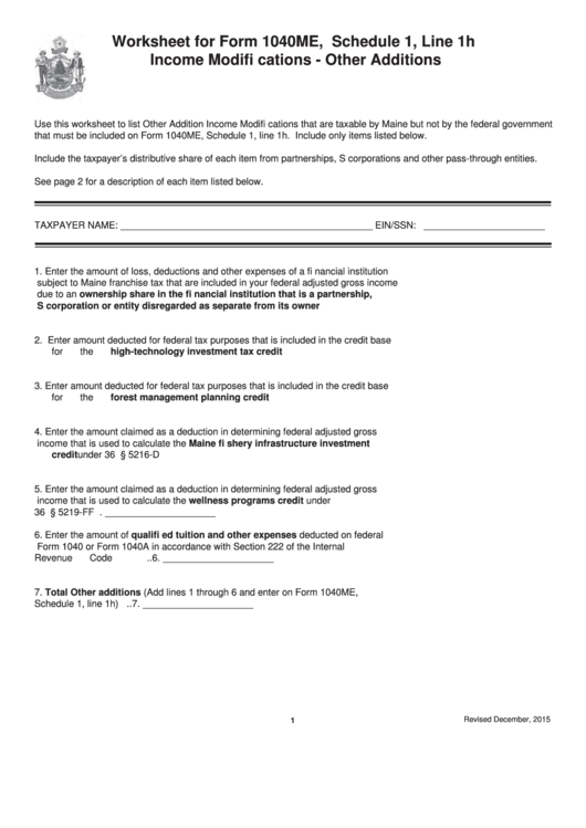 Worksheet For Form 1040me, Schedule 1, Line 1h Printable pdf
