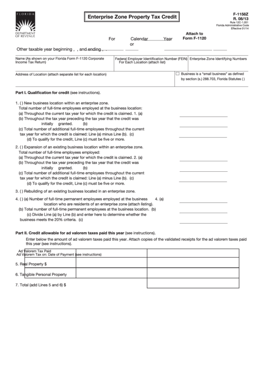 Fillable Form F-1158z - Enterprise Zone Property Tax Credit Printable pdf