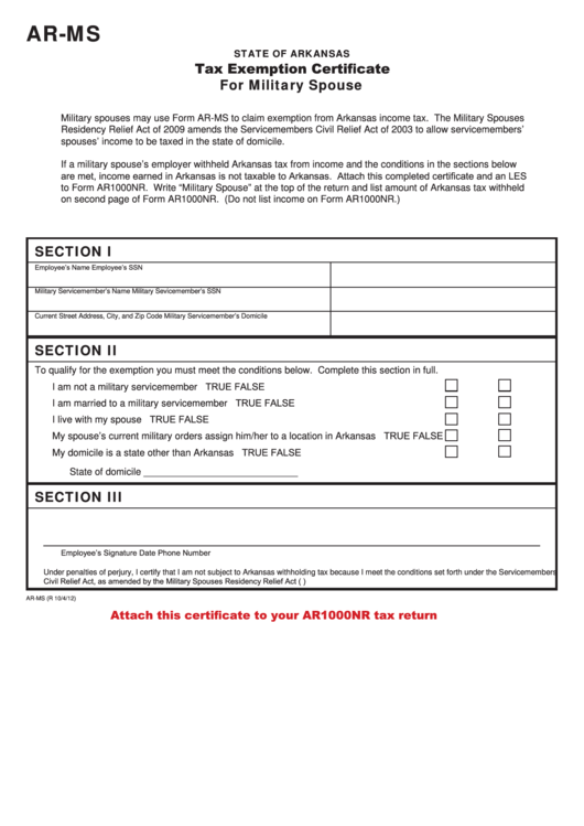 Fillable Form Ar-Ms - Tax Exemption Certificate For Military Spouse Printable pdf