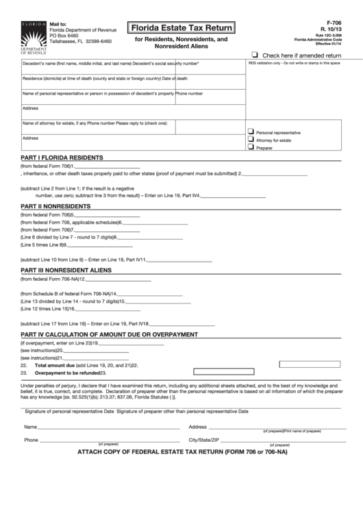 Fillable Form F-706 - Florida Estate Tax Return For Residents, Nonresidents, And Nonresident Aliens Printable pdf