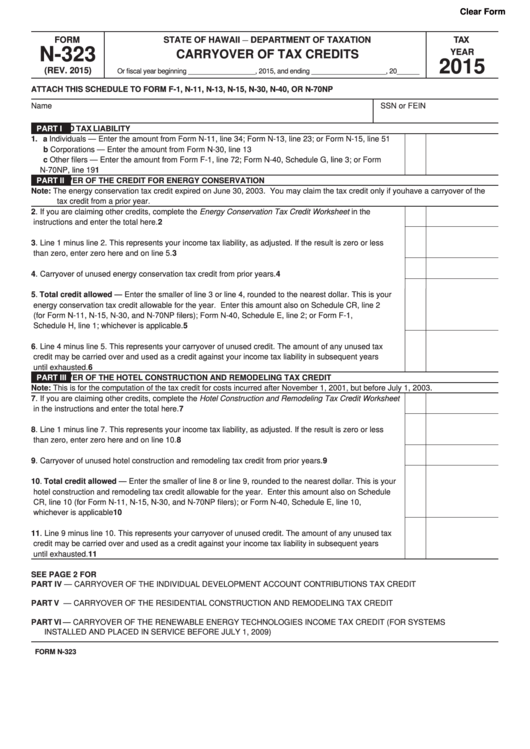 Fillable Form N-323 - Carryover Of Tax Credits - 2015 Printable pdf