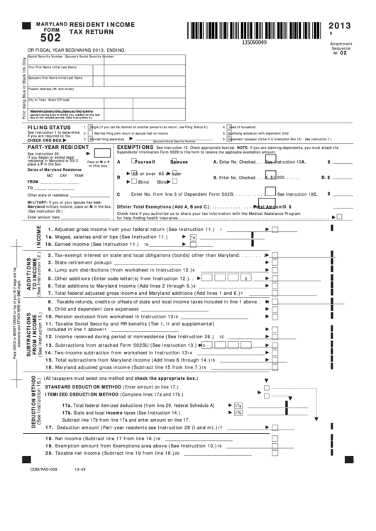 Maryland Form 502 - Resident Income Tax Return - 2013