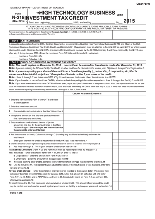 Fillable Form N-318 - High Technology Business Investment Tax Credit - 2015 Printable pdf