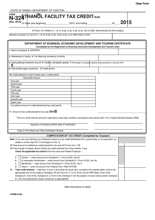 Form N-324 - Ethanol Facility Tax Credit - 2015