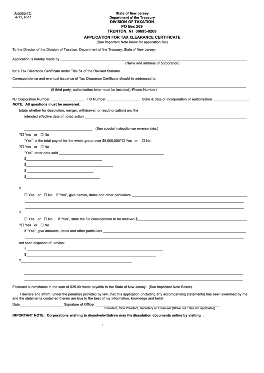 Fillable Form A-5088-Tc - Application For Tax Clearance Certificate Printable pdf