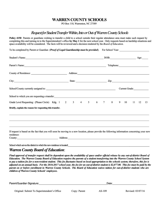 Form As-109 - Request For Student Transfer Within, Into Or Out Of Warren County Schools